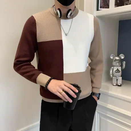 高级感撞色拼接毛衣男2023秋冬休闲潮牌个性潮流针织毛线衣体恤商品大图