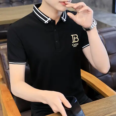 夏季潮流冰丝翻领短袖T恤男士潮牌POLO衫有领修身体恤半袖上衣男商品大图