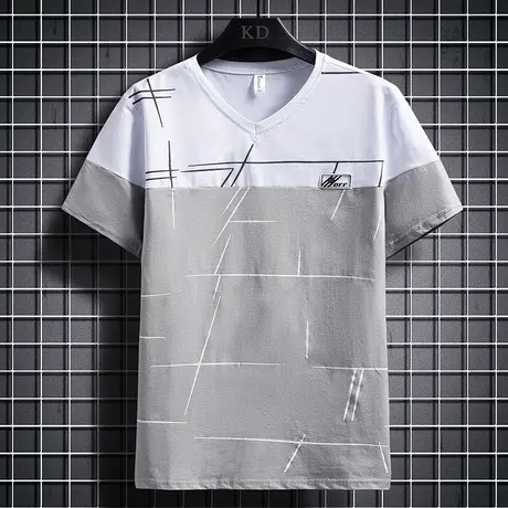 纯棉V领短袖T恤男韩版潮流拼接撞色印花2023夏季半袖打底汗衫男装商品大图