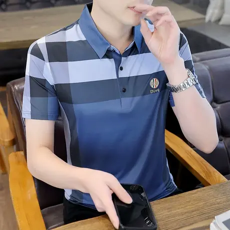 条纹Polo衫男潮流韩版时尚休闲短袖T恤男装青年爸爸装翻领打底衫t商品大图