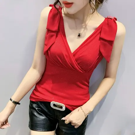性感V领交叉T恤女短袖夏装小众设计感洋气上衣显瘦网纱吊带小衫潮商品大图