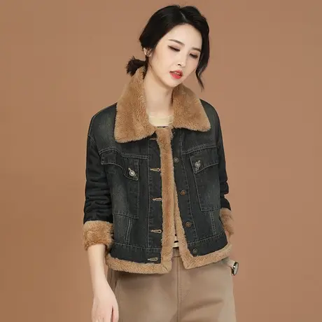 韩潮袭人复古加绒牛仔外套女冬季新款短款棒球服棉衣棉服短款图片