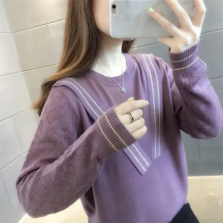 2023秋季新款韩版宽松圆领针织衫女长袖镂空洋气网红薄款打底毛衣图片