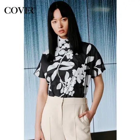 COVER夏季斜门襟短袖印花棉质衬衫图片