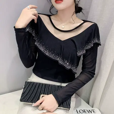 性感黑色打底衫女春秋新款网纱拼接荷叶边上衣时尚烫钻长袖T恤ins商品大图