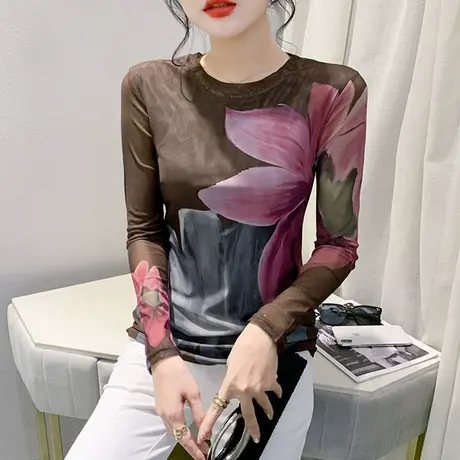 气质减龄圆领T恤女长袖性感网纱印花内搭打底衫洋气修身显瘦上衣商品大图