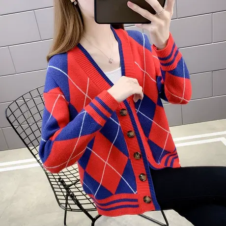 2023新款针织毛衣开衫女士外套撞色日系复古慵懒风宽松菱形开衫女商品大图