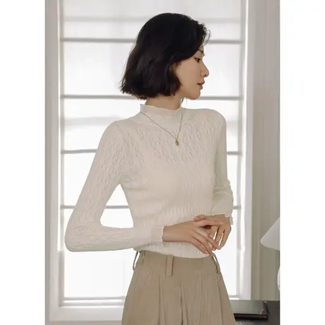 弥古半高领法式网纱蕾丝打底衫白色内搭针织衫女秋冬黑色显瘦上衣商品大图