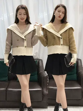 小香风海军领双排扣针织毛衣开衫外套秋冬高级感慵懒复古短款上衣商品大图