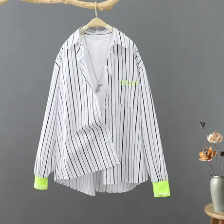 春装新款韩版时尚拼接袖口条纹衬衫女中长款宽松全棉打底衬衣上衣图片