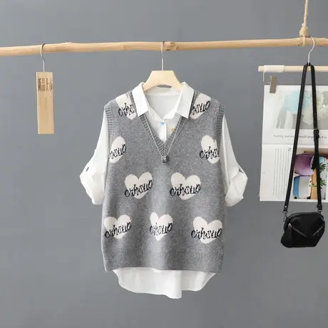 2023年新款秋冬女装上衣学院风爱心针织衫马夹背心女无袖毛衣坎肩图片