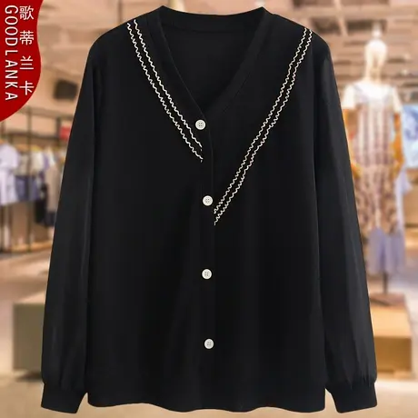 40-50岁中年妈妈春装长袖T恤女新款宽松小衫洋气雪纺拼接V领上衣图片