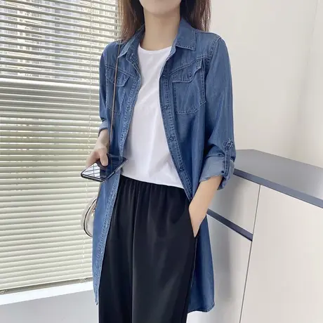2021蓝色牛仔衬衫女春秋中长款小众复古衬衣外套长袖休闲早秋上衣图片