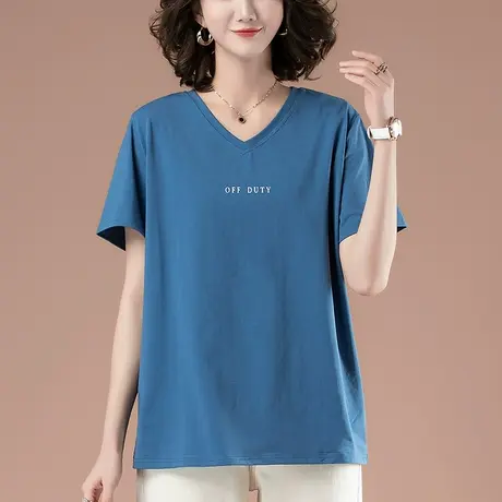 v领短袖T恤女夏季加肥加大码女装宽松百搭休闲遮肚子显瘦全棉体恤商品大图