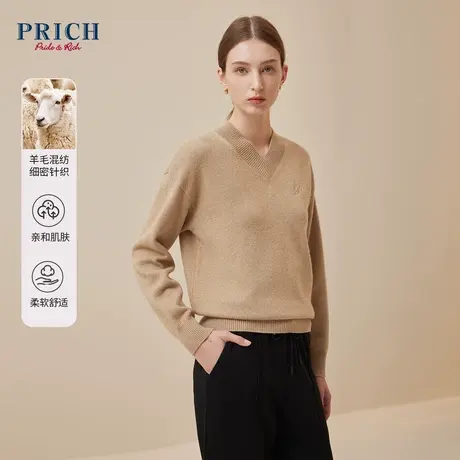 【绵羊毛】PRICH23冬新款罗纹叶型V领刺绣微宽松落肩柔软针织衫女图片