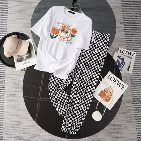 纯棉港风运动服套装女夏季薄款短袖长裤小个子网红炸街休闲两件套商品大图