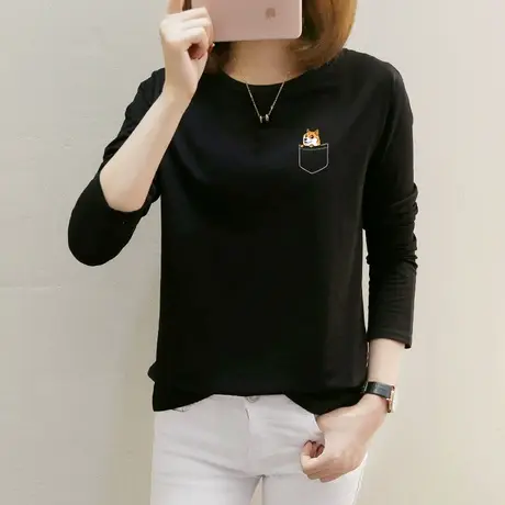 春夏款纯棉长袖t恤女装2022年春季新款宽松黑色打底衫学生上衣服图片