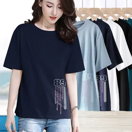 藏蓝色纯棉短袖体t恤女简约休闲字母印花2024年新款夏季宽松上衣商品大图