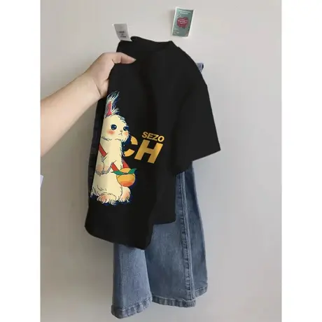 高票点赞！闭眼入！黑色短款正肩t恤女夏季兔子卡通印花短袖上衣商品大图