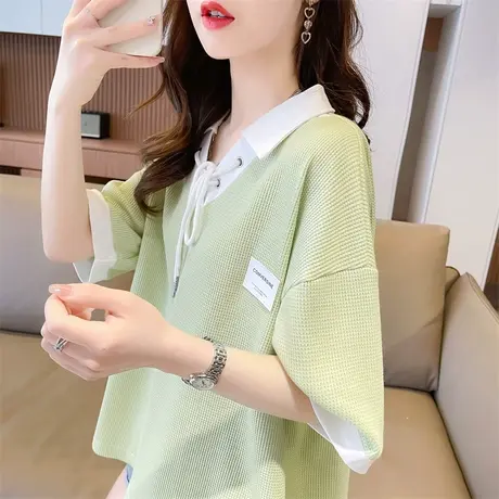 小个子短袖t恤女2023新款夏季韩版宽松撞色翻领polo衫假两件上衣商品大图