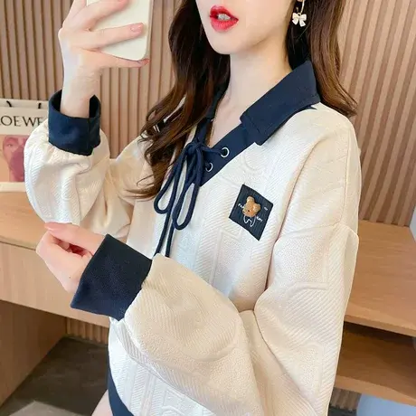 早秋翻领polo衫卫衣女春秋韩版宽松薄款小个子短款假两件上衣外套商品大图