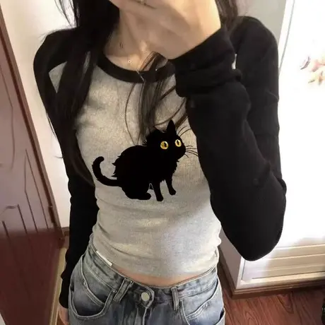 辣妹插肩撞色长袖T恤女春秋2024新款修身显瘦内搭打底衫短款上衣商品大图