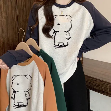 chic复古港味插肩袖卫衣女冬季加绒加厚宽松拼色长袖上衣ins潮牌商品大图