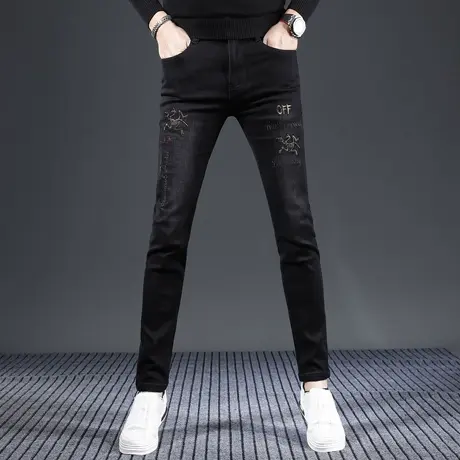 高端黑色刺绣牛仔裤男秋冬款2023新款修身小脚裤潮流烫钻男士裤子商品大图