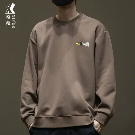 咖啡色双面棉卫衣男款宽松大码圆领长袖秋冬350g套头打底衫上衣潮商品大图