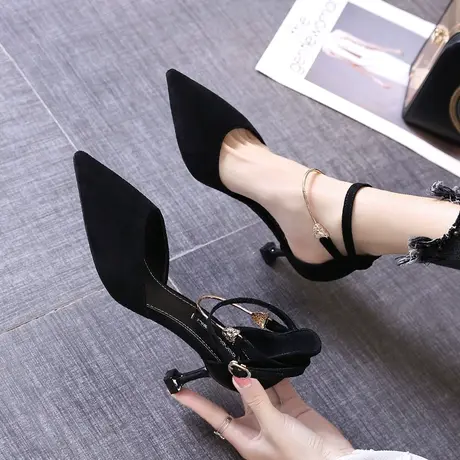 2020夏季新款气质百搭尖头一字带高跟鞋女细跟凉鞋性感中空猫跟鞋商品大图