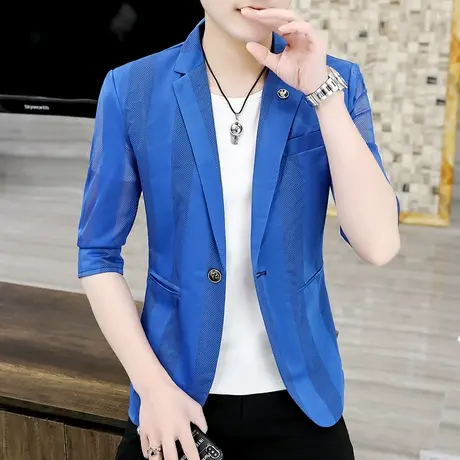 夏季薄款西装男士个性镂空设计透气防晒外套潮流七分袖休闲小西服商品大图