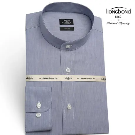 红邦创衣 中式蓝色男立领衬衫长袖修身商务条纹衬衣圆领正装中山商品大图