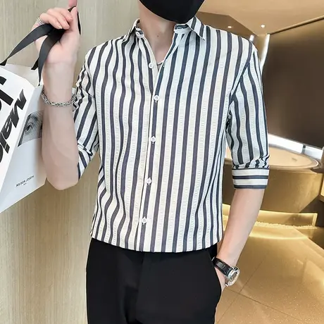 夏季男简约条纹时尚翻领短袖袖衬衫新款2023夏上衣修身男中袖衬衫商品大图