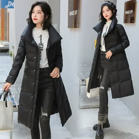 2023冬季新款亮面羽绒棉服女中长款外套修身韩版立领棉衣黑色棉袄图片
