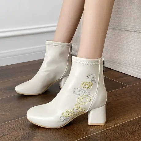 靴子女国风刺绣花复古风粗跟高跟短靴女鞋子旗袍鞋冬季加绒瘦瘦靴商品大图