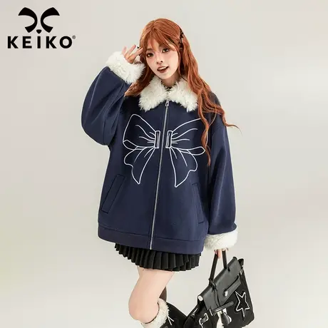 KEIKO [加密绒]羊羔毛绒拼接外套2024早春蝴蝶结印花拉链开衫上衣商品大图
