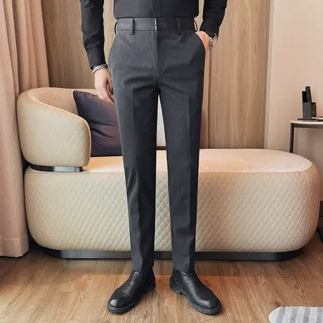 春秋季男士西裤2024新款商务休闲直筒裤纯色刺绣高级感修身西装裤商品大图