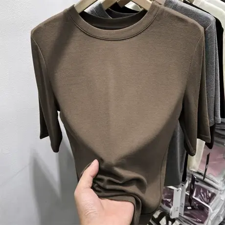 欧货螺纹五分半袖t恤女2024春季新款修身中袖半高领打底小衫上衣商品大图