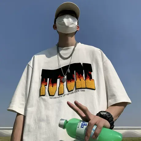 美式撞色毛巾绣火焰字母短袖T恤男2023夏季潮流宽松纯棉休闲体恤商品大图