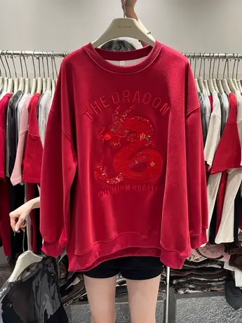 本命年龙年衣服欧货重工刺绣高级感龙图案冬季加绒加厚无帽卫衣女商品大图