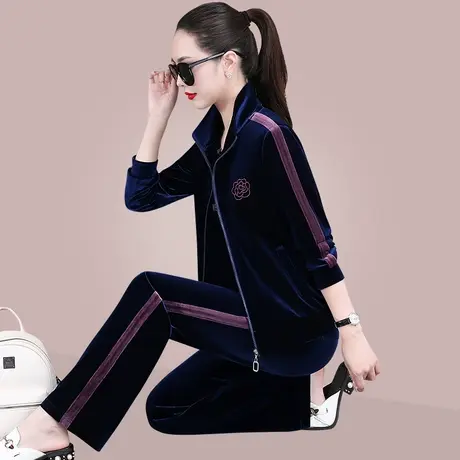 金丝绒休闲运动套装女春秋新款舒适时髦垂感修身显瘦直筒裤三件套图片