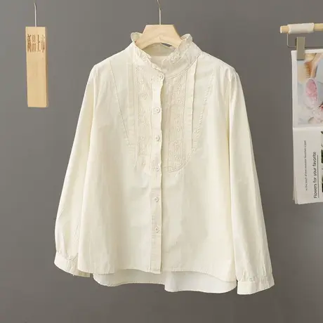 米色内搭荷叶边立领长袖衬衫女春装法式气质高级感打底宽松上衣服商品大图
