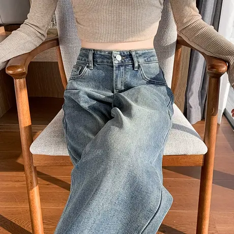 复古高腰阔腿裤牛仔裤女2024春秋新款显瘦大码宽松拖地直筒裤子图片