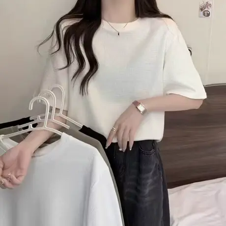 华夫格早春夏装T恤女2024新款宽松百搭休闲外穿打底衫上衣短袖潮商品大图