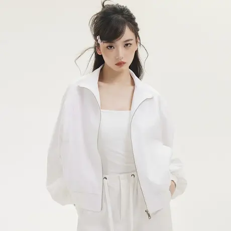 尔给2024春秋款白色休闲小个子短款立领夹克外套女运动设计感上衣商品大图