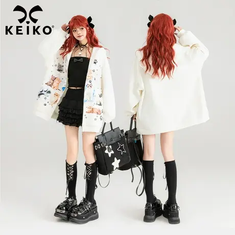 KEIKO 美式复古萌猫印花外套24春季奶味穿搭宽松白色连帽卫衣开衫商品大图