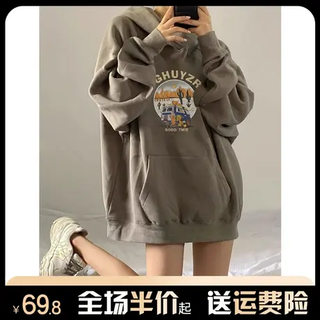 美式复古连帽重磅卫衣女新款秋冬加绒加厚高级感宽松带帽外套潮牌图片