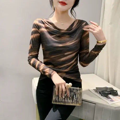 春秋2024新款T恤女网纱印花时尚荡领洋气减龄上衣修身长袖打底衫商品大图