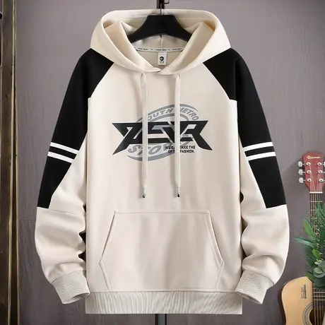 美式卫衣男款春秋季字母印花连帽外套男潮牌上衣青少年拼接套头衫商品大图