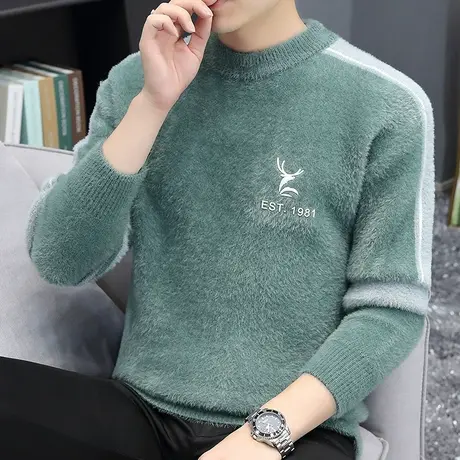 秋冬季水貂绒毛衣男士半高领打底衫加绒加厚青少年保暖针织衫潮流商品大图